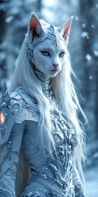 The primary subject of the image is a woman with long white hair, wearing a silver outfit and a silver crown. She is standing in front of a snowy background, which adds a sense of coldness and beauty to the scene. The visual style of the image is a combination of digital art and illustration, creating a unique and captivating appearance. The colors in the image are predominantly silver and white, which contribute to the overall mood of the scene, evoking a sense of elegance and mystique.